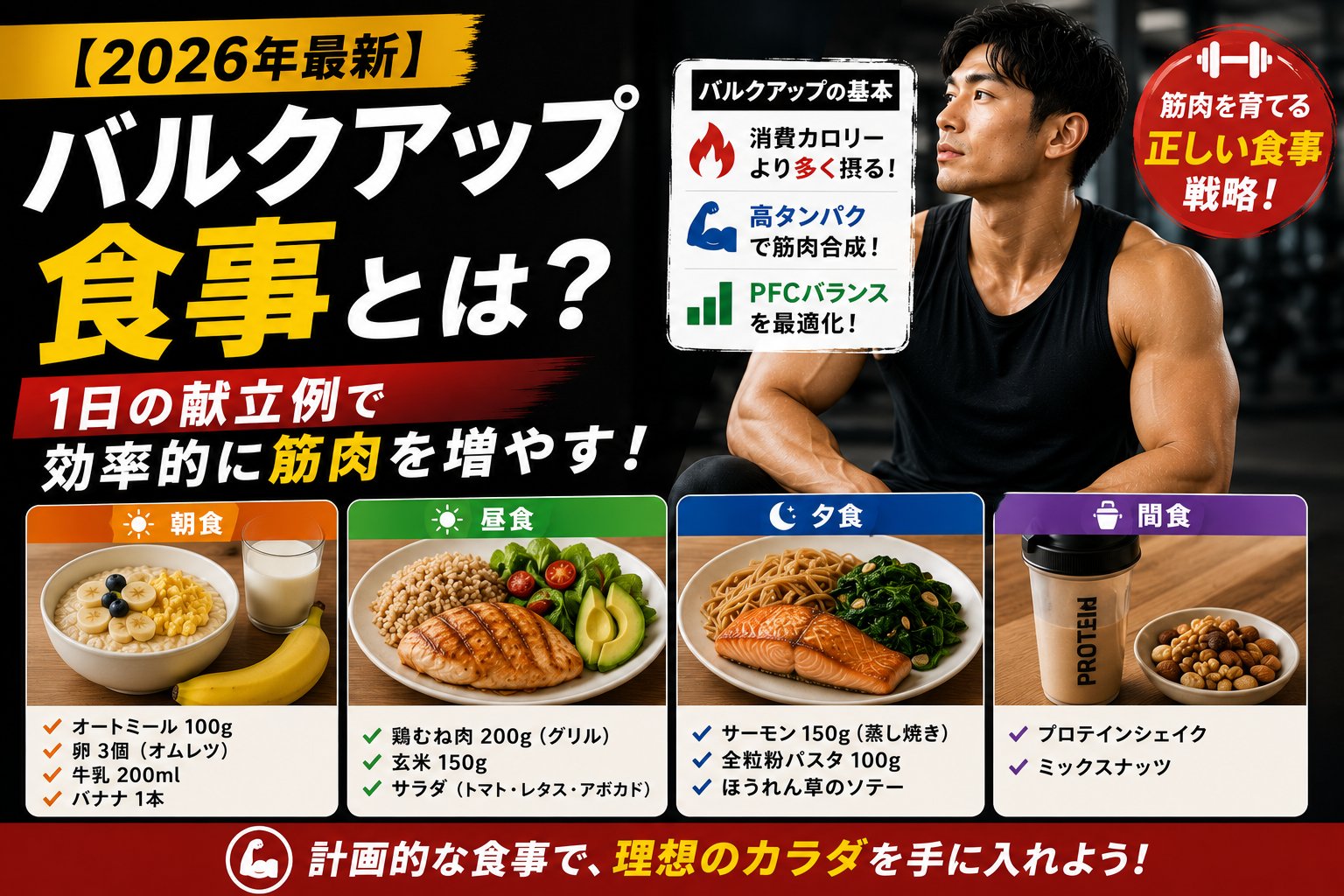 【2026年最新】バルクアップ食事とは?1日の献立例で効果的に筋肉を増やす