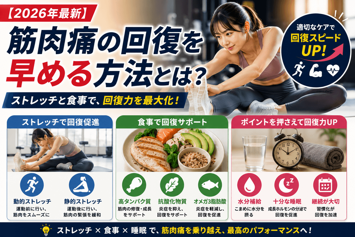 【2026年最新】筋肉痛の回復を早めるストレッチと食事法とは?